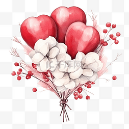 情人节贺卡图片_水彩花束气球和棉花花心形红气球