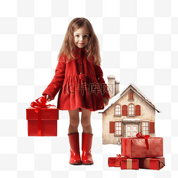穿着红色连衣裙带着圣诞礼物和毛
