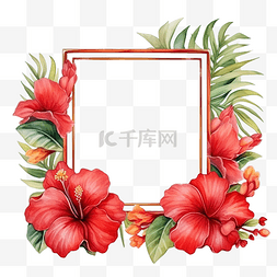 水彩花卉花束图片_水彩红色夏季热带花卉木槿和鸡蛋