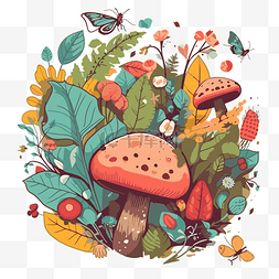 叶子蘑菇图片_生物多样性剪贴画，用叶子和虫子