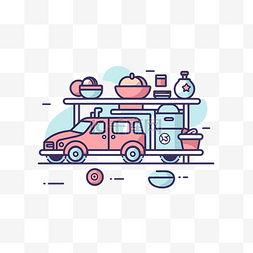 食品卡车图标与食品和汽车插图线