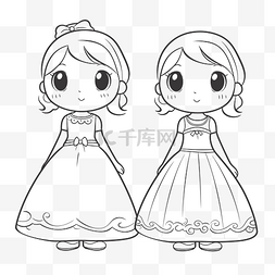 两个穿着婚纱的女孩着色页轮廓素