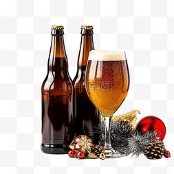 啤酒和泡沫图片_玻璃杯中的啤酒和带圣诞装饰的瓶