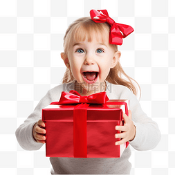 打开红色礼盒图片_戴着圣诞老人帽子的小女孩打开圣