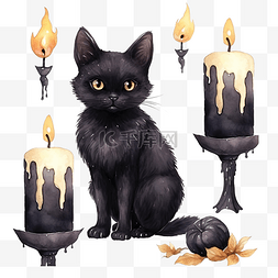 万圣节套装，蝙蝠黑猫和蜡烛水彩