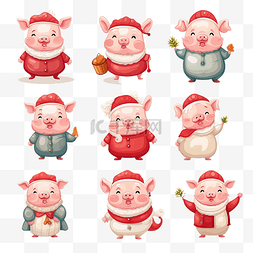 插图卡通猪图片_可爱的圣诞小猪收集矢量插图穿着