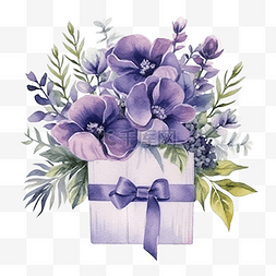 紫色紫罗兰花卉组合物与礼品盒花