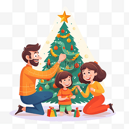 动画女孩矢量素材图片_圣诞树装饰幸福的家庭圣诞节寒假