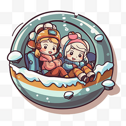 雪图片_两个卡通人物坐在雪球剪贴画中 