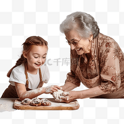 圣诞奶奶图片_奶奶帮孙女擀面团，制作传统的圣