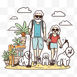 卡通老年夫妇图片_手绘老人带着狗旅行插画涂鸦风格