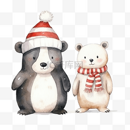 可爱的北极熊和企鹅圣诞节水彩卡