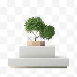 产品展示图片_3D 渲染立方体讲台，周围有绿树，
