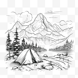 旅行线条元素图片_山上露营线条艺术插画