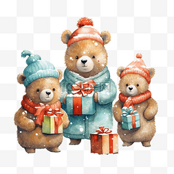 雪夜里带着礼品盒的圣诞熊