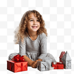 可爱的女孩坐在有圣诞装饰的客厅