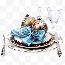 蓝色装饰礼盒图片_蓝色和棕色的圣诞餐桌布置，配有