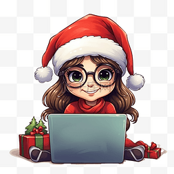 学生使用电脑图片_穿着圣诞衣服的女学生晚上坐在家
