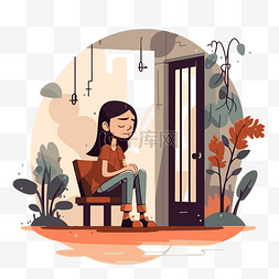 孤独剪贴画年轻女孩坐在门口，平