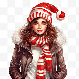 女士时尚卡通图片_穿着冬衣和糖果时尚矢量图的圣诞