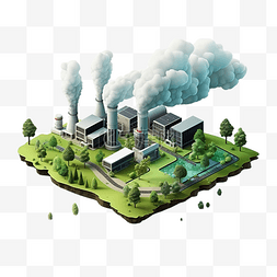 气候变化等距背景与绿草工厂烟雾
