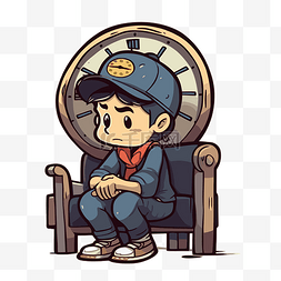 卡通男孩坐在旧钟剪贴画前的椅子