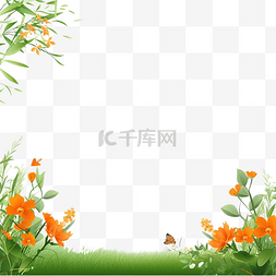 橙色花朵边框图片_春天背景边框和框架绿叶和草地与