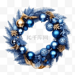 圣诞花环装饰蓝色松叶和圣诞球