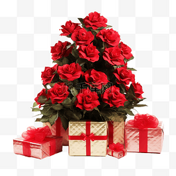 装饰圣诞树，红玫瑰花瓣上挂着礼