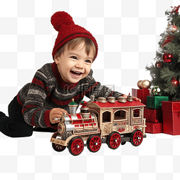 火图片_小男孩躺着玩玩具圣诞蒸汽火车