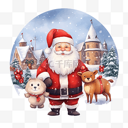 雪中精灵图片_雪镇插画中与圣诞老人和可爱的动