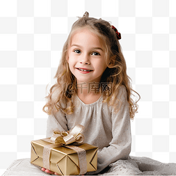 可爱的女孩坐在有圣诞装饰的客厅