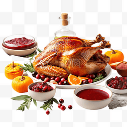 感恩节餐桌，配烤火鸡蔓越莓酱和