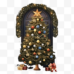 圣诞节前门图片_圣诞节装饰的家前门圣诞树在屋门
