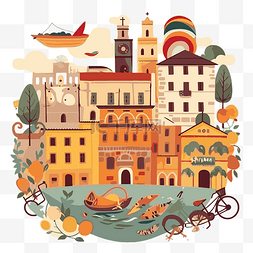 意大利剪贴画，一个城镇和船与橘