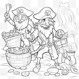 卡通海盗人物和宝藏着色书页