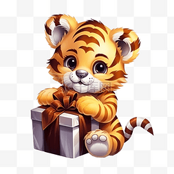 一只小老虎的爪子里拿着一份圣诞