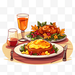 矢量南瓜卡通图片_餐桌上感恩节快乐菜单上的食物插