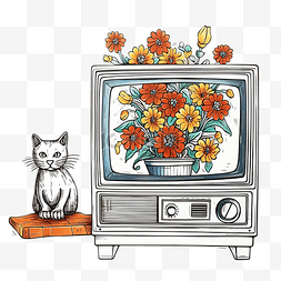 电视图片_花瓶里的田野鲜花和复古电视机上