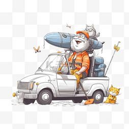 卡通开车的男人图片_经验丰富的渔夫带着他的滑稽猫在