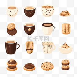 咖啡和饼干集合平面风格