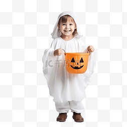 穿着白色鬼魂服装庆祝万圣节的可