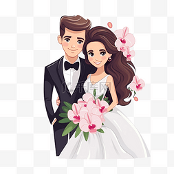 可爱卡通年轻新婚夫妇蝴蝶兰花束