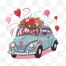 卡通结婚的情侣图片_刚刚结婚的汽车剪贴画卡通车与鲜