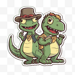 两只戴着帽子的恐龙的贴纸 向量