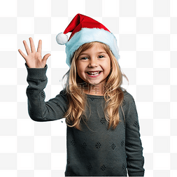 蓝墙上戴着圣诞帽的小女孩微笑着