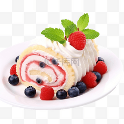 卷蛋糕草莓奶油配盘子和蓝莓