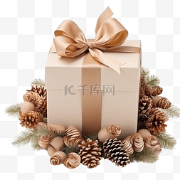 米色礼盒和带有锥果的圣诞花环