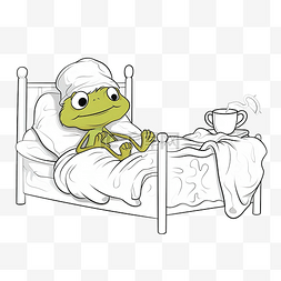 着色页小青蛙在床上清晨醒来黑白