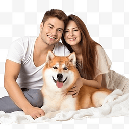 秋田犬图片_年轻快乐的夫妇在家里拥抱可爱的